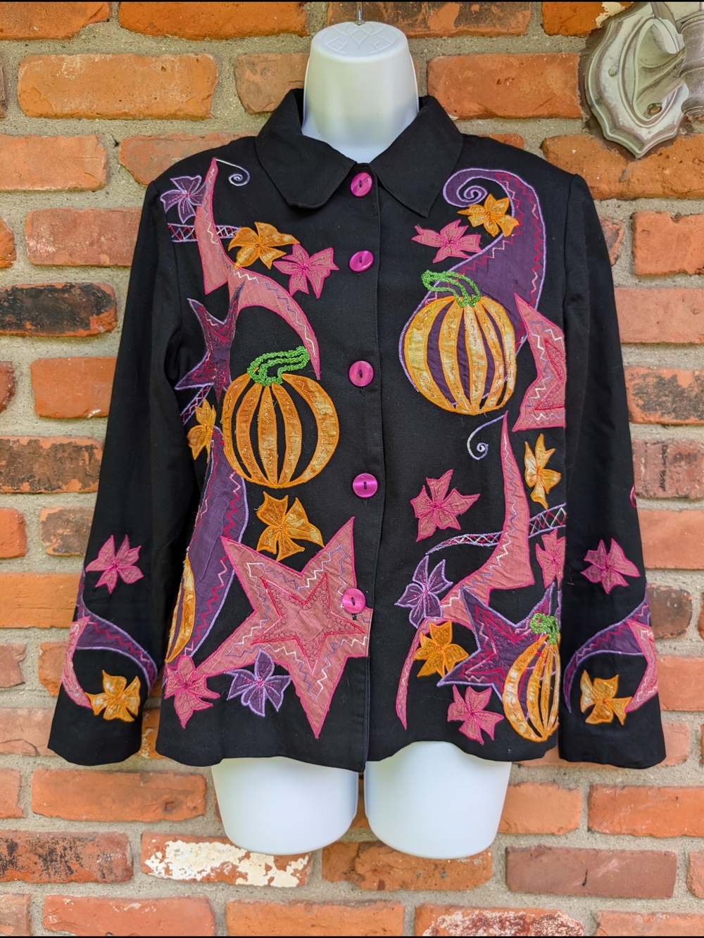 Embroidered Black Jacket with Colorful Pumpkin Star Motifs Fall Halloween
